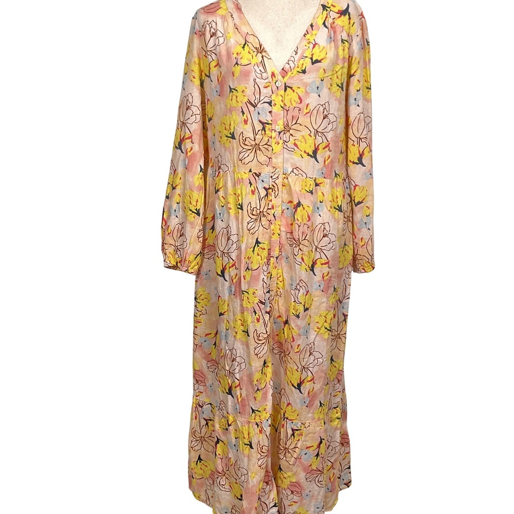 Style & Co Maxi Linen Dress Women Lg Pink Yellow Floral Prairie Coastal Summer